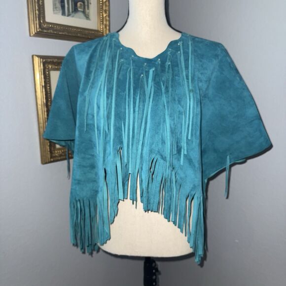 Vintage Western Teal Blue Suede Leather Fringe Shawl Cape Poncho Rodeo Hand made - Picture 5 of 16